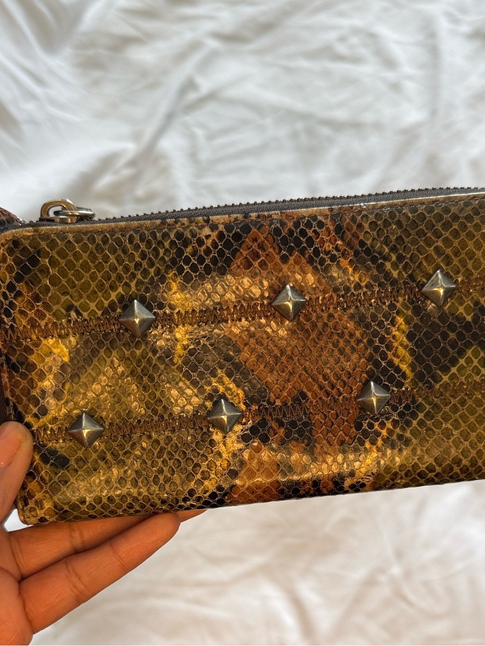 Botkier Snake-Texture Zip Wallet in Brown and Gold Studs